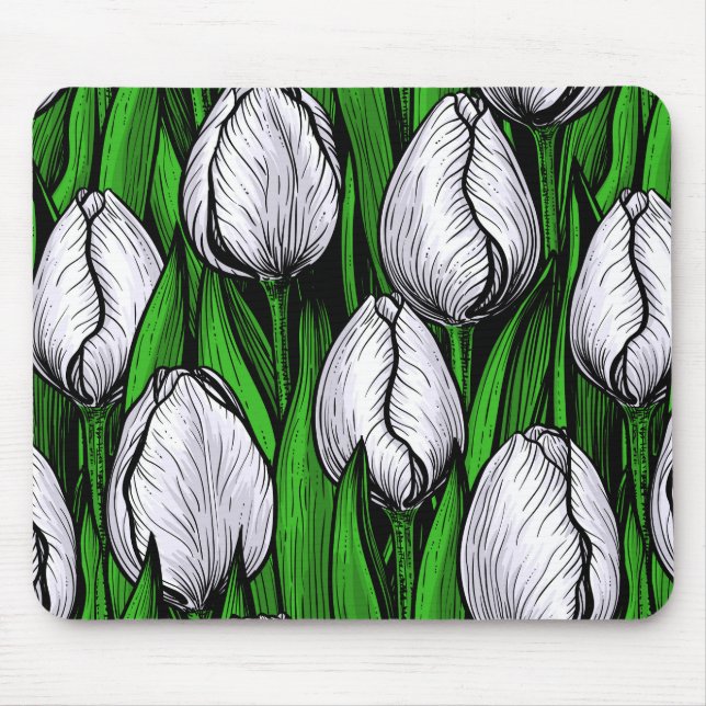 White tulips with green leaves mouse pad (Front)
