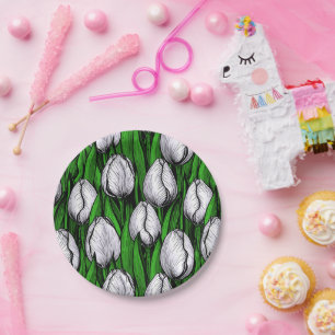 White tulips with green leaves paper plate