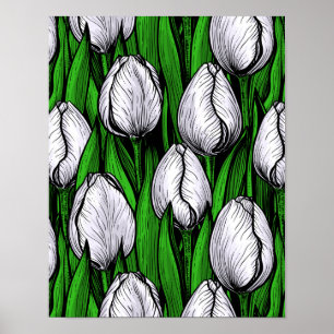 White tulips with green leaves poster