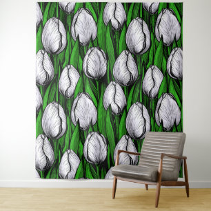 White tulips with green leaves tapestry