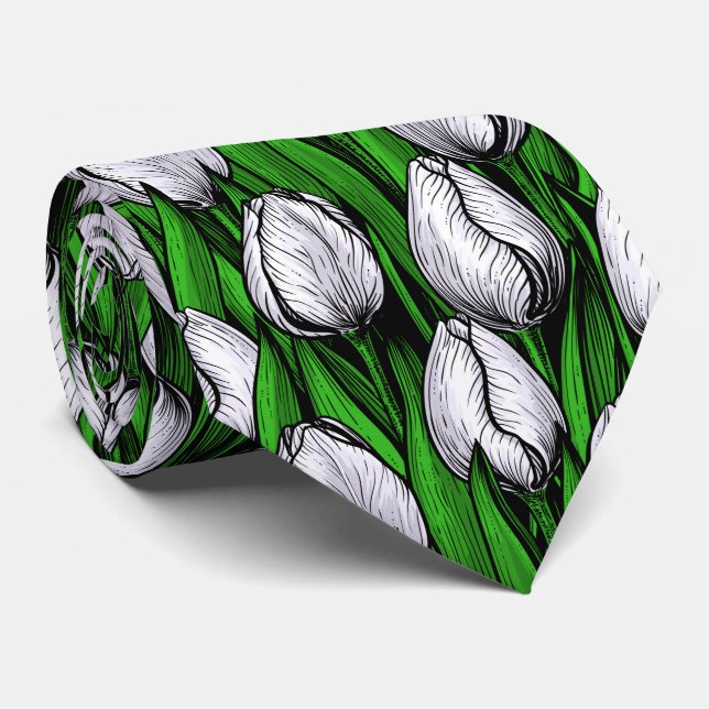White tulips with green leaves tie (Rolled)