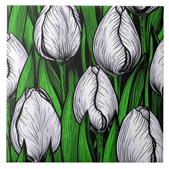 White tulips with green leaves tile (Front)