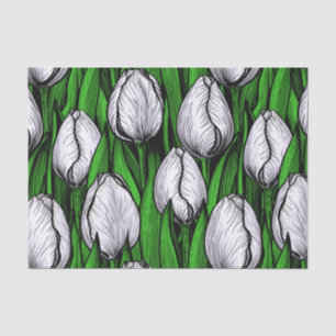 White tulips with green leaves tissue paper