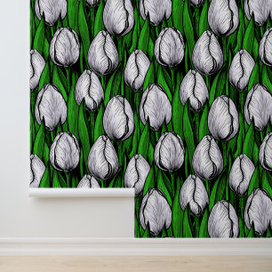 White tulips with green leaves wallpaper