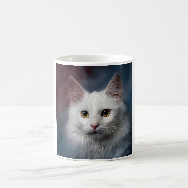 White Turkish Angora Cat Red Blue Coffee Mug (Center)