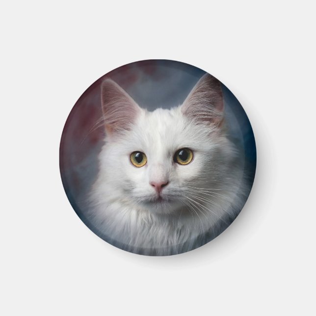White Turkish Angora Cat Red Blue Magnet (Front)