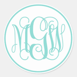 White Turq Aqua Vine Script Monogram, DIY BG Classic Round Sticker