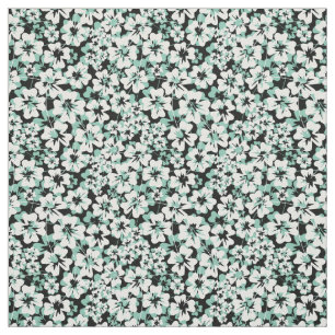 White, turquoise flowers on a black. fabric