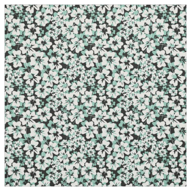 White, turquoise flowers on a black. fabric (Swatch)