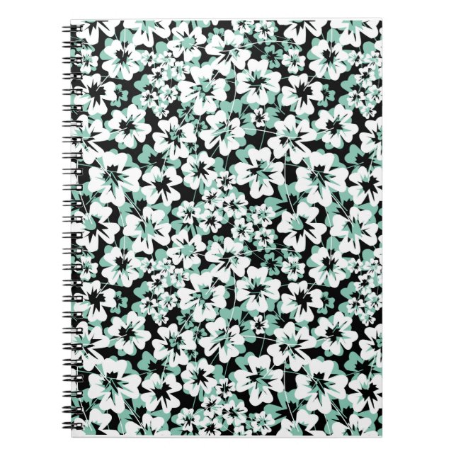 White, turquoise flowers on black. notebook (Front)