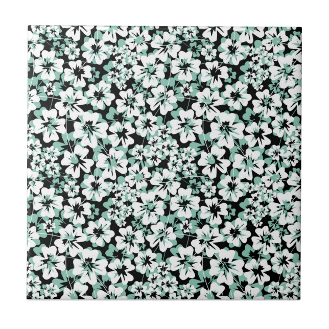 White, turquoise flowers on black. tile (Front)