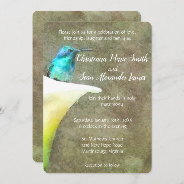 White Turquoise Hummingbird Lily Floral Watercolor Invitation (Front/Back)