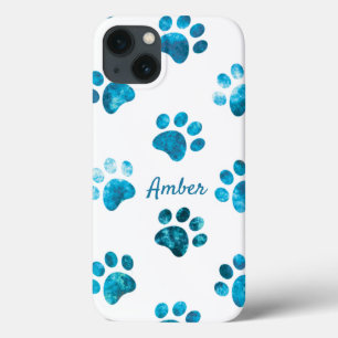White Turquoise Textured Paw Print Personalised iPhone 13 Case