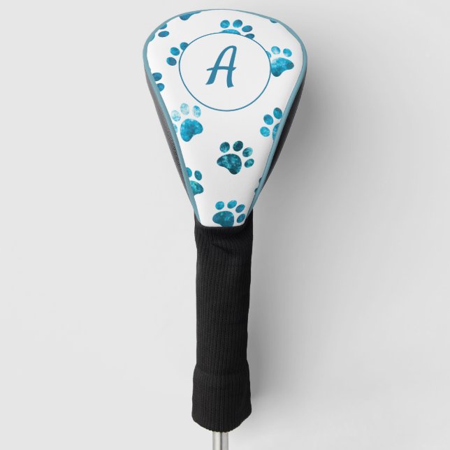 White Turquoise Textured Paw Print Personalised Golf Head Cover (Front)