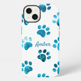 White Turquoise Textured Paw Print Personalised iPhone 13 Case