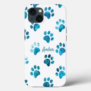 White Turquoise Textured Paw Print Personalised iPhone 13 Case