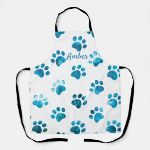 White Turquoise Textured Paw Print Personalized Apron