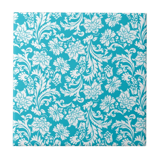 White & Turquoise Vintage Floral Damasks Tile (Front)