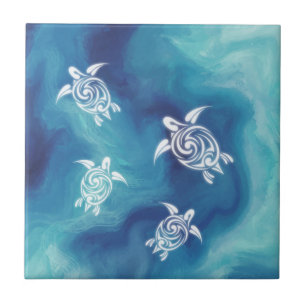 White Turtles Blue Ocean Watercolor Coastal Tile