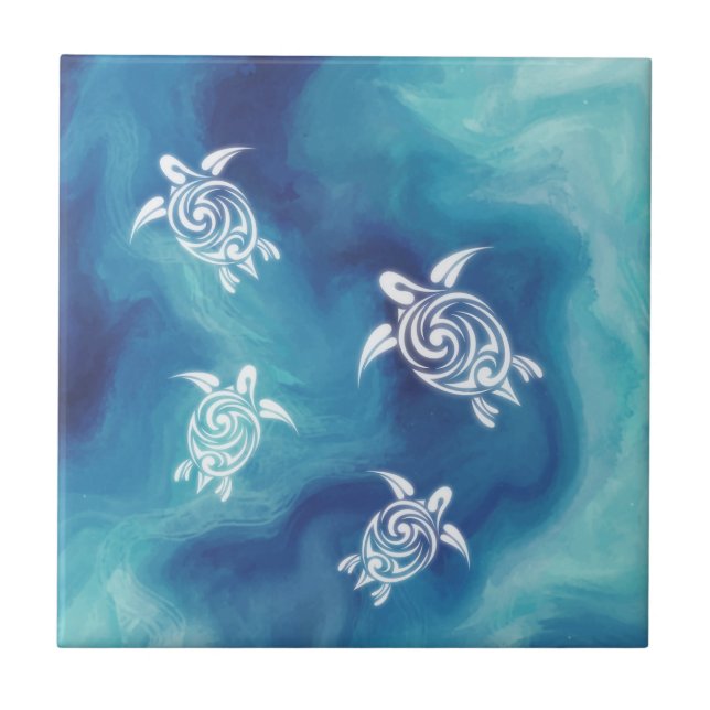 White Turtles Blue Ocean Watercolor Coastal Tile (Front)