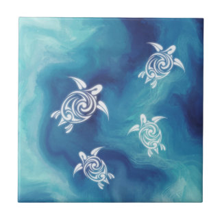 White Turtles Blue Ocean Watercolor Coastal Tile