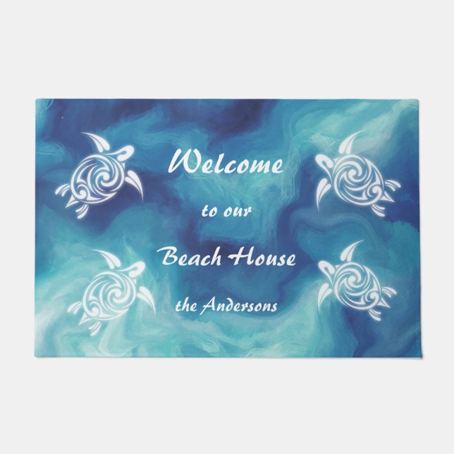 White Turtles Blue Watercolor Family Name Coastal Doormat (Front)