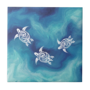 White Turtles in Blue Ocean Ceramic Tile