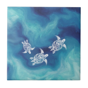 White Turtles in Blue Ocean   Coastal Tile