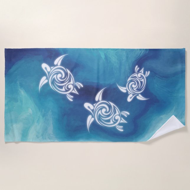 White Turtles in Blue Ocean Watercolor Coastal Beach Towel (Front)