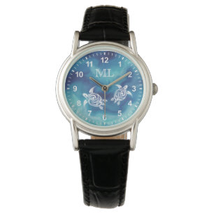 White Turtles in Blue Ocean Watercolor Monogram Watch