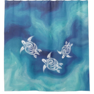 White Turtles in Blue Watercolor Ocean Coastal Shower Curtain