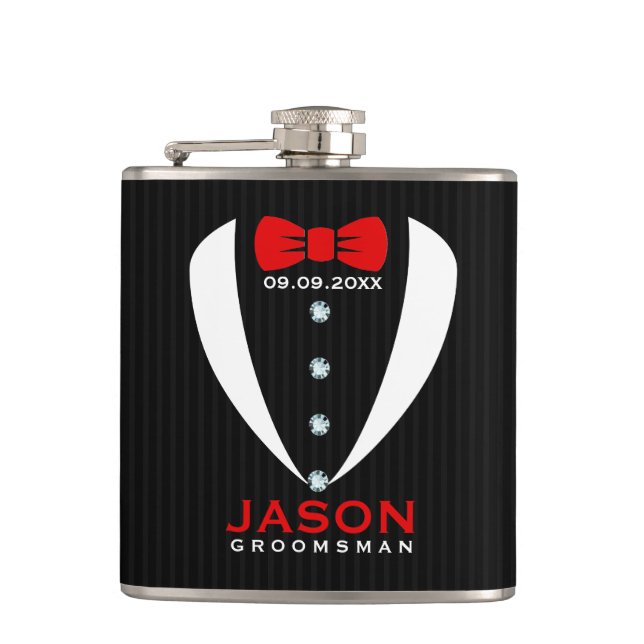 White Tuxedo Red BowTie & Groomsman Text Hip Flask (Front)