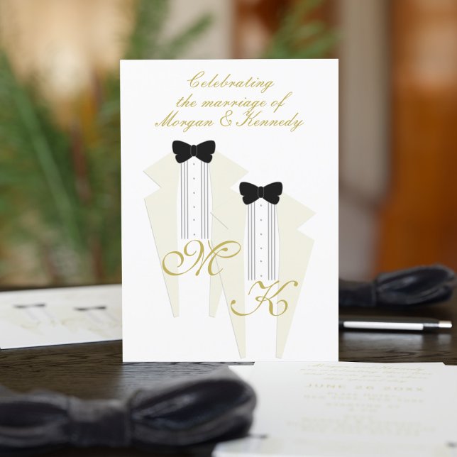 White Tuxedo Two Grooms Gay Wedding Invitation (Having a Tuxedo themed wedding? Add your details to this tuxedo themed wedding invitation. )