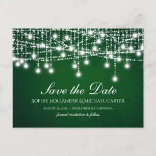 White Twinkle String Lights on Green Postcard