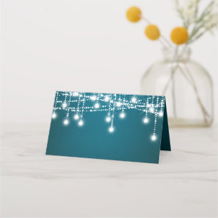White Twinkle String Lights on Teal Place Card