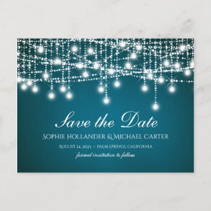 White Twinkle String Lights on Teal Postcard
