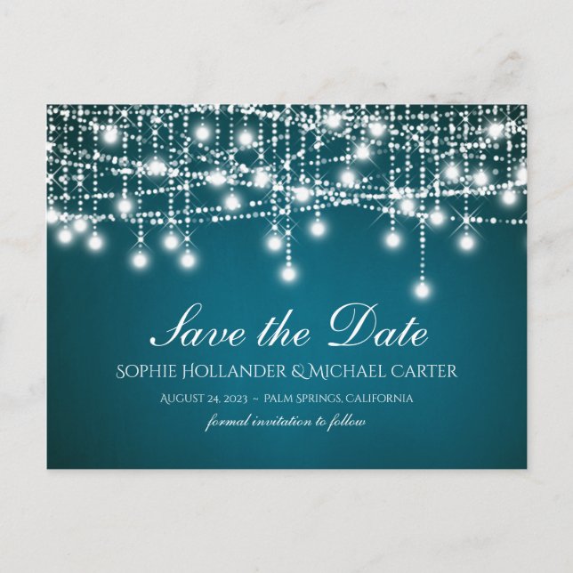 White Twinkle String Lights on Teal Postcard (Front)