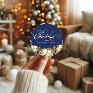 White Typography Christmas Poinsettia blue   Classic Round Sticker