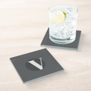 White typography custom initial grey glass coaster