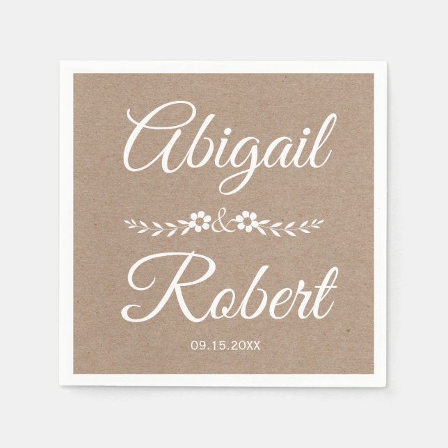 White typography kraft paper rustic wedding napkin (Front)