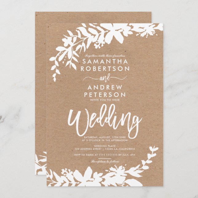 White typography leaf floral rustic kraft wedding invitation (Front/Back)
