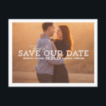 White Typography Overlay Photo Save the Date Announcement Postcard<br><div class="desc">This rustic,  whimsical save the date postcard features the text "Kindly save our date" in the middle of the card,  overlaying a large photo. Customise with your wedding details and favourite photo.</div>