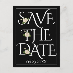White typography, rose black wedding Save the Date Postcard