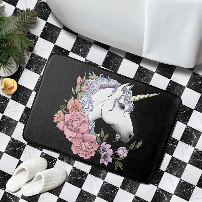 White Unicorn and Flowers Bath Mat (Creator Uploaded)