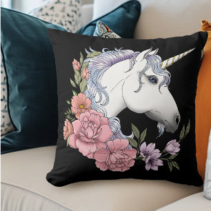white Unicorn and Flowers Cushion
