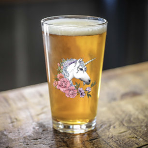 White Unicorn and Flowers Glass