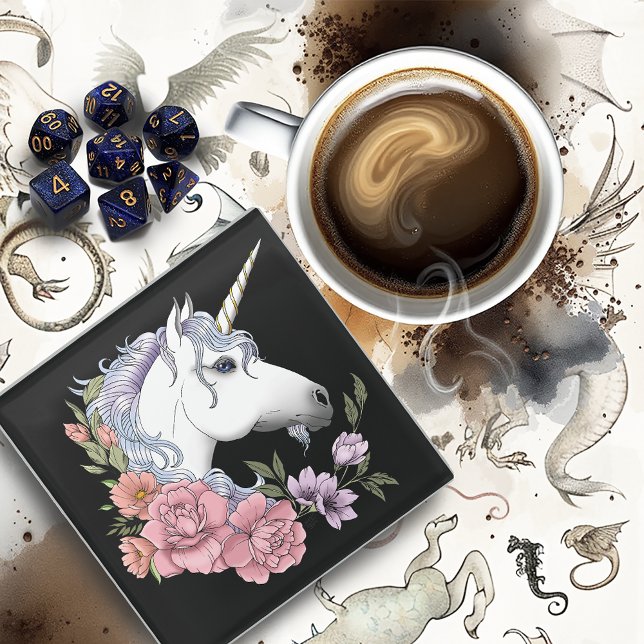 White Unicorn and Flowers Glass Coaster (Creator Uploaded)