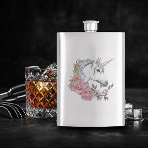 White Unicorn and Flowers Hip Flask