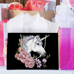 White Unicorn and Flowers Large Gift Bag