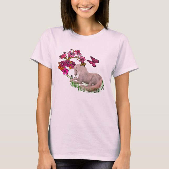 White Unicorn And Flowers  T-Shirt (Front)